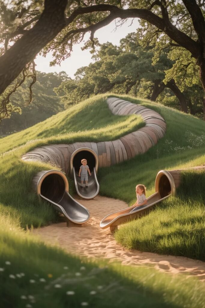 backyard playground ideas hill tunnel