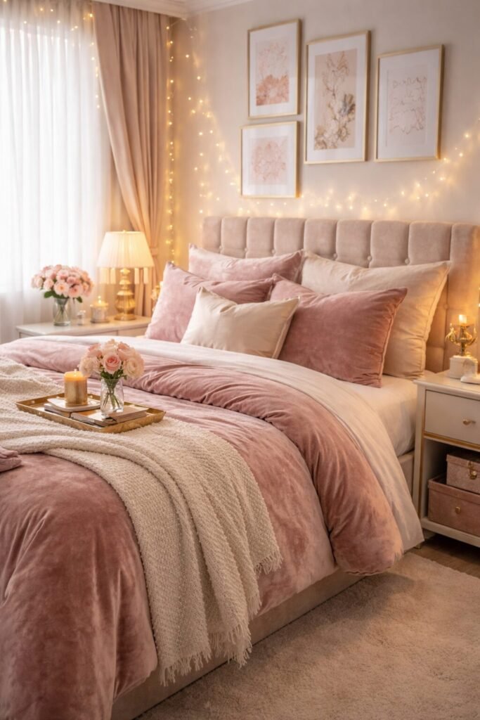 15 girly dorm room ideas velvet bedding luxury