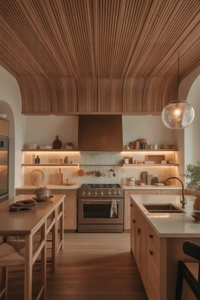 contemporary kitchen ceiling design fluted wood