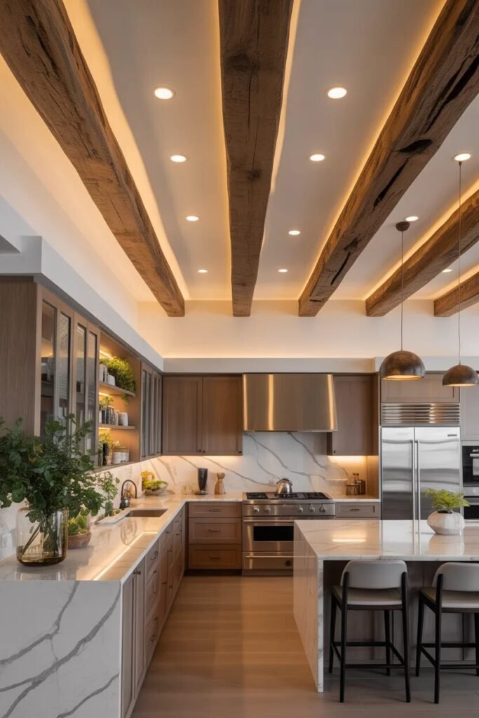 contemporary kitchen ceiling design hidden beams