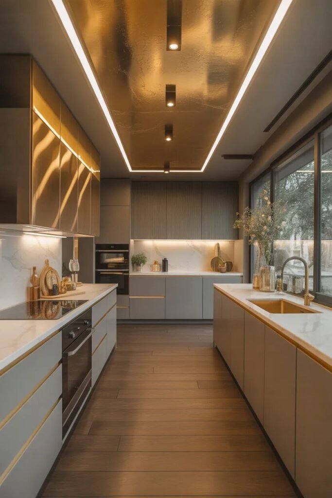 metallic modern luxury kitchen ceiling design