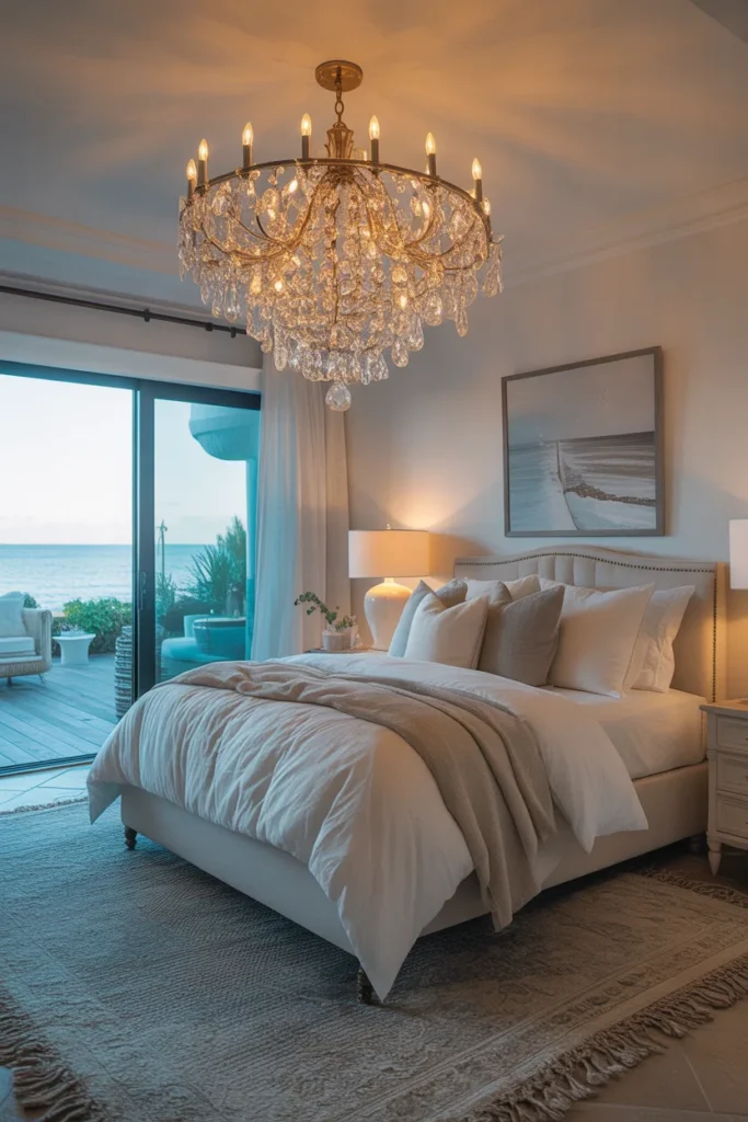 chandelier luxury coastal bedroom design