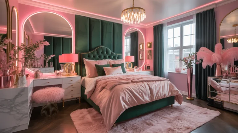 luxury pink and green dorm room design