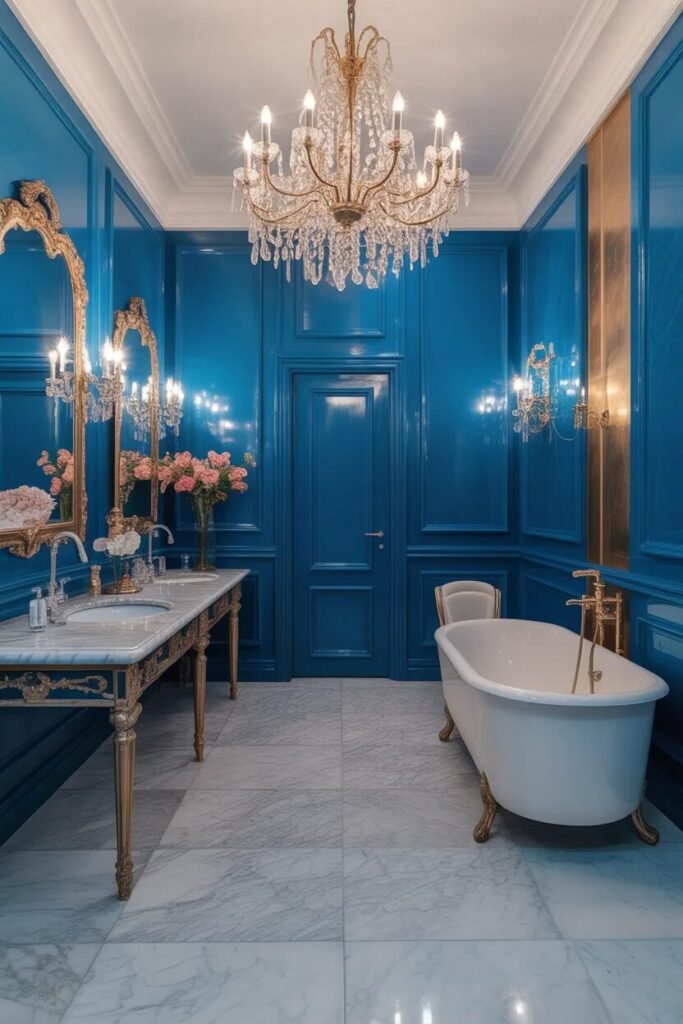 chandelier blue bathroom ideas luxury