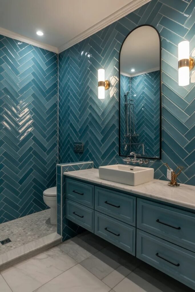  herringbone blue bathroom ideas modern