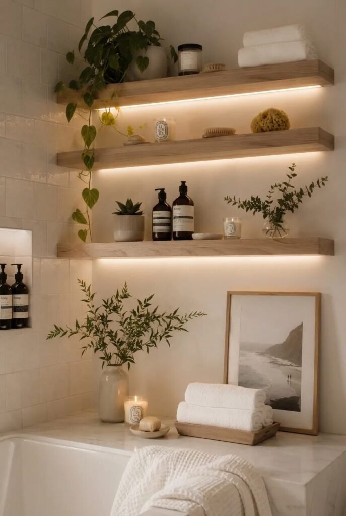 17 bathroom wall decor ideas wooden shelves