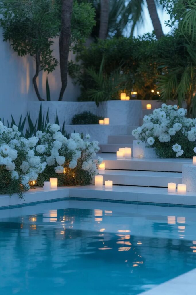 white garden unique pool landscaping ideas
