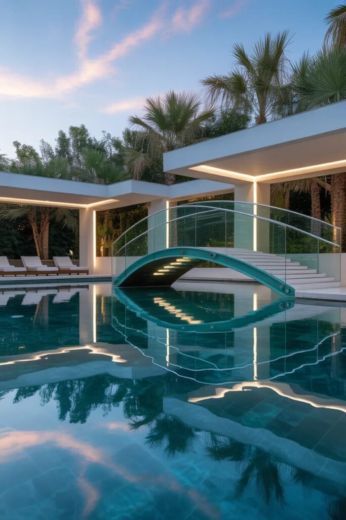 glass bridge unique pool landscaping ideas