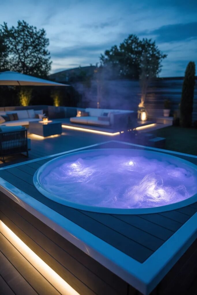 glowing backyard hot tub design