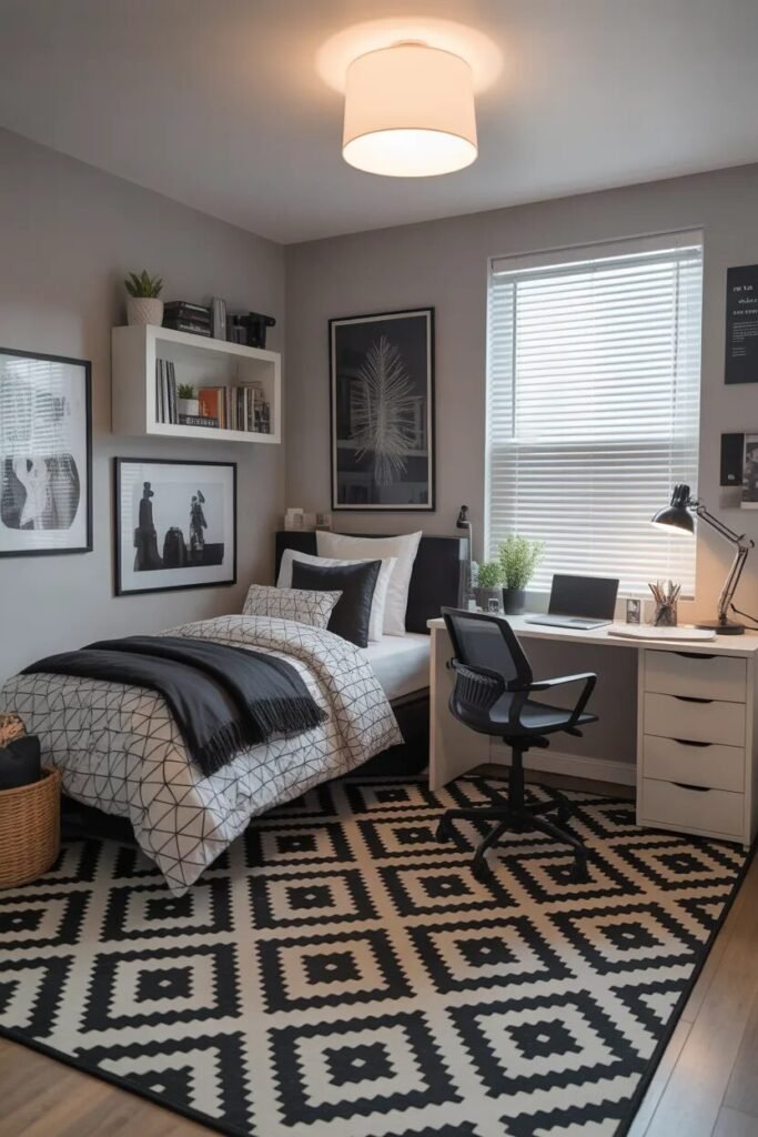 monochrome boys dorm room design