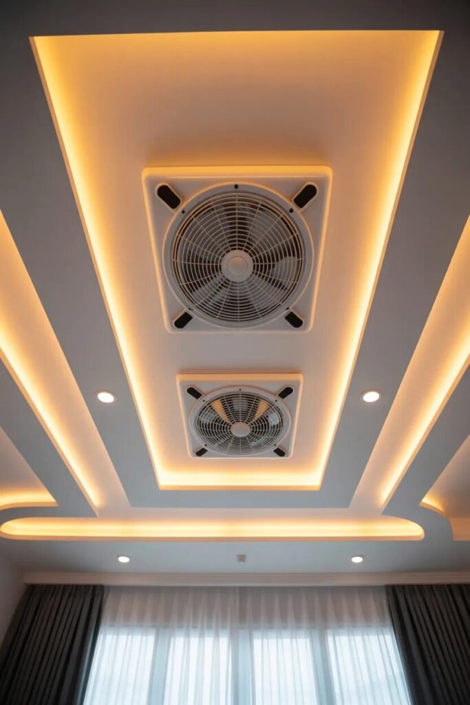 double fan false ceiling design ideas LED modern style