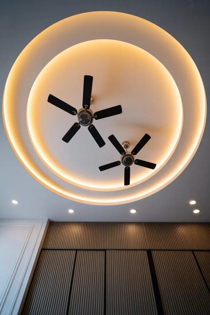 double fan false ceiling design ideas circular pattern