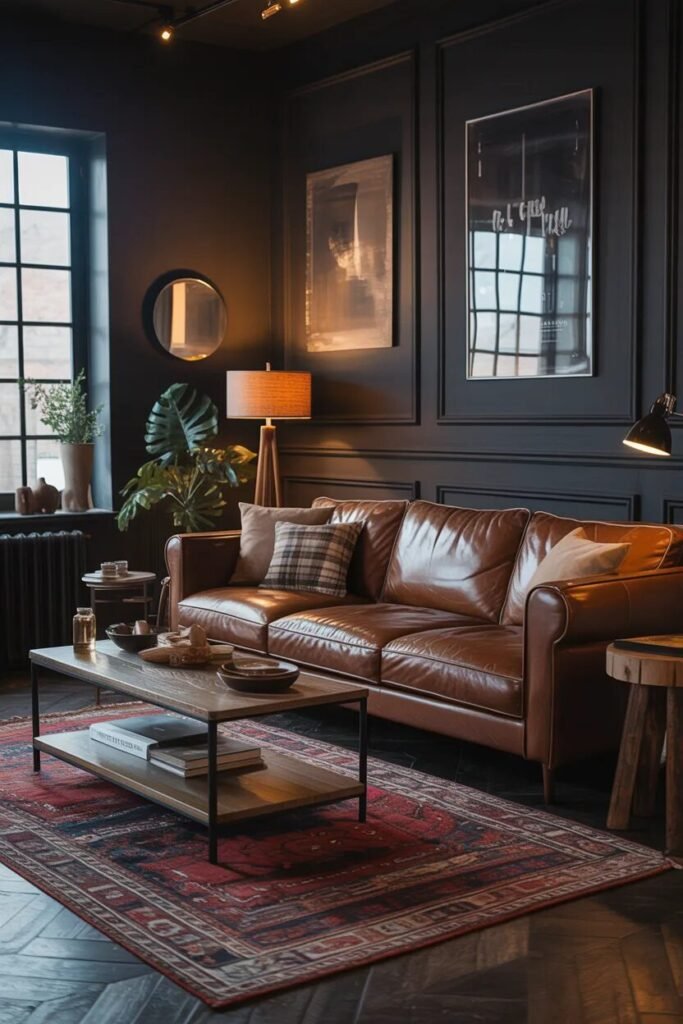 Moody living room design 5 moody living room design leather sofa