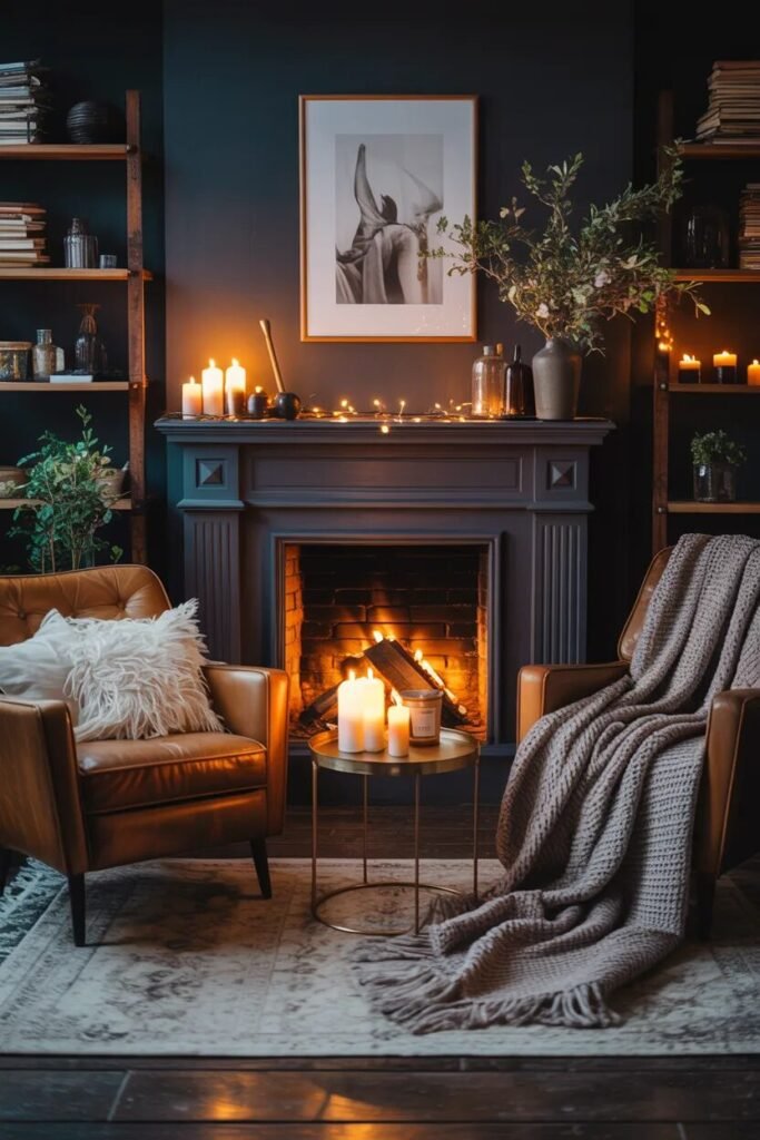 Moody living room design 7 moody living room design fireplace corner