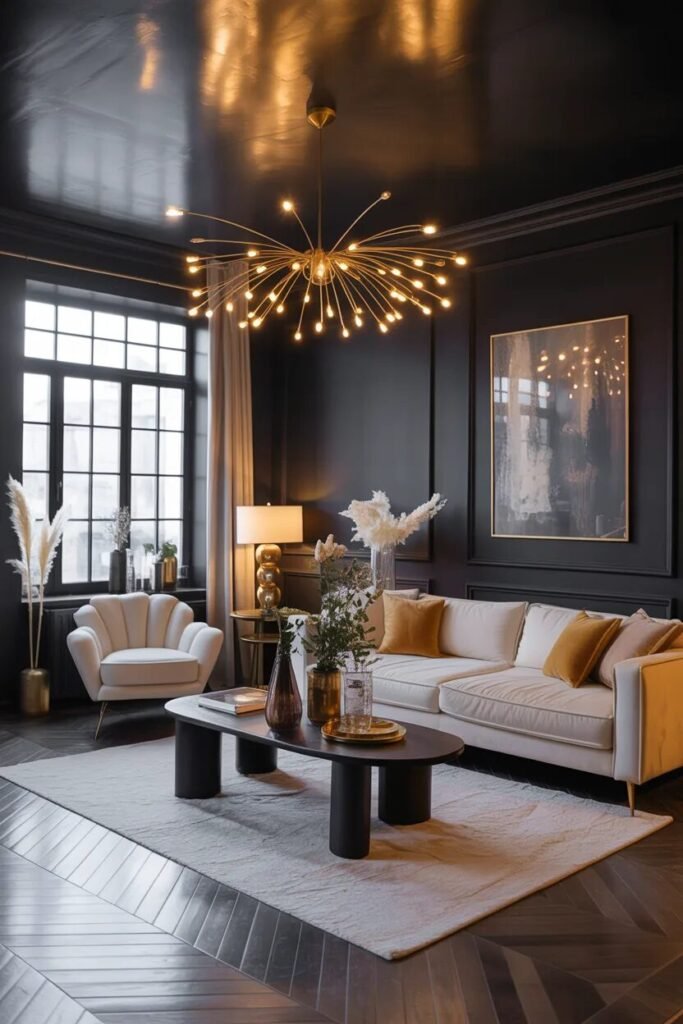 Moody living room design 11 moody living room design black ceiling