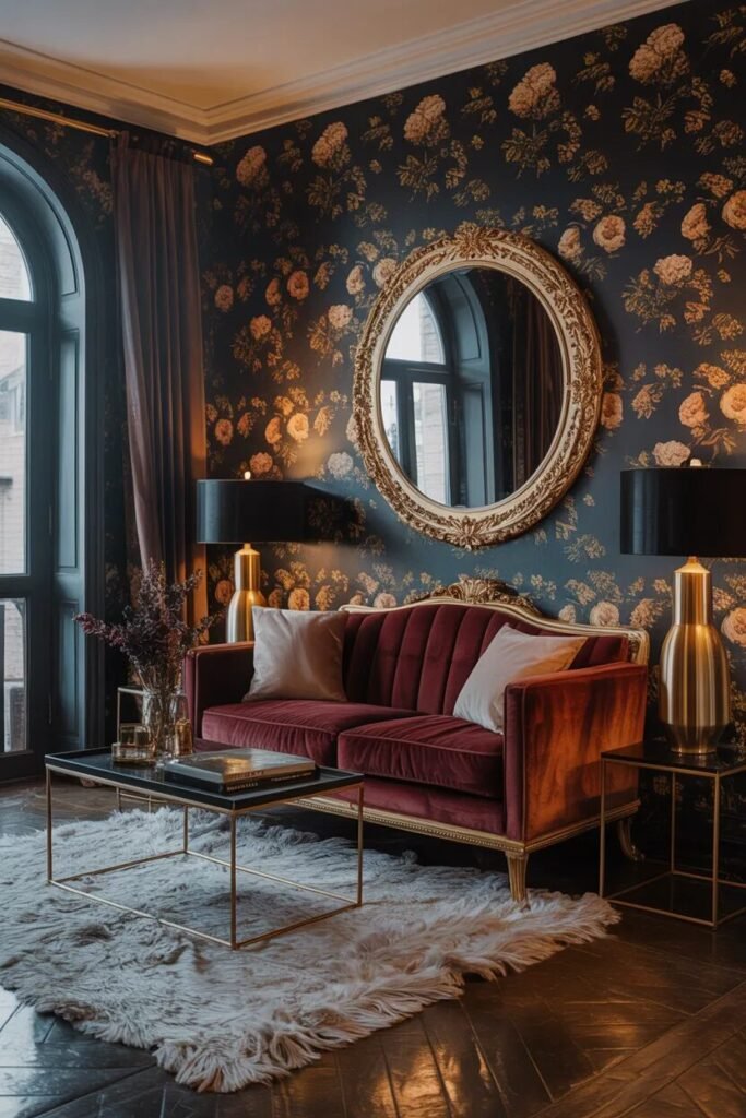 Moody living room design 13 moody living room design floral wallpaper