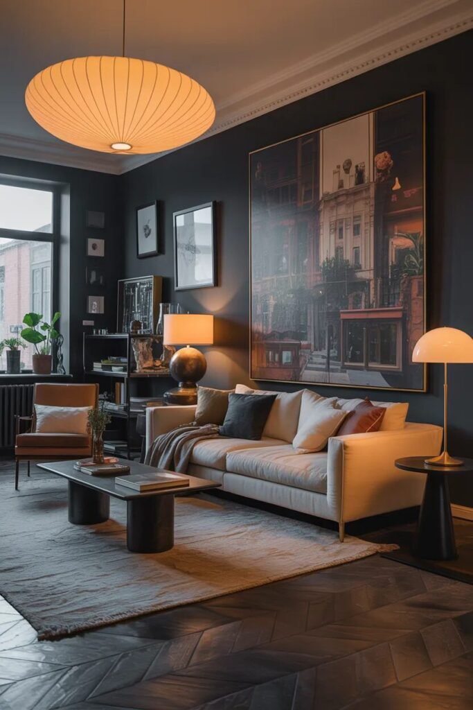 Moody living room design 17 moody living room design oversized artwork