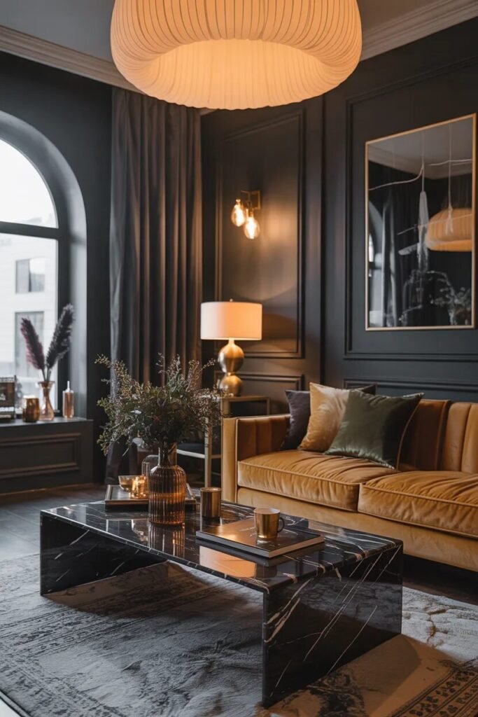 Moody living room design 19 moody living room design marble accents