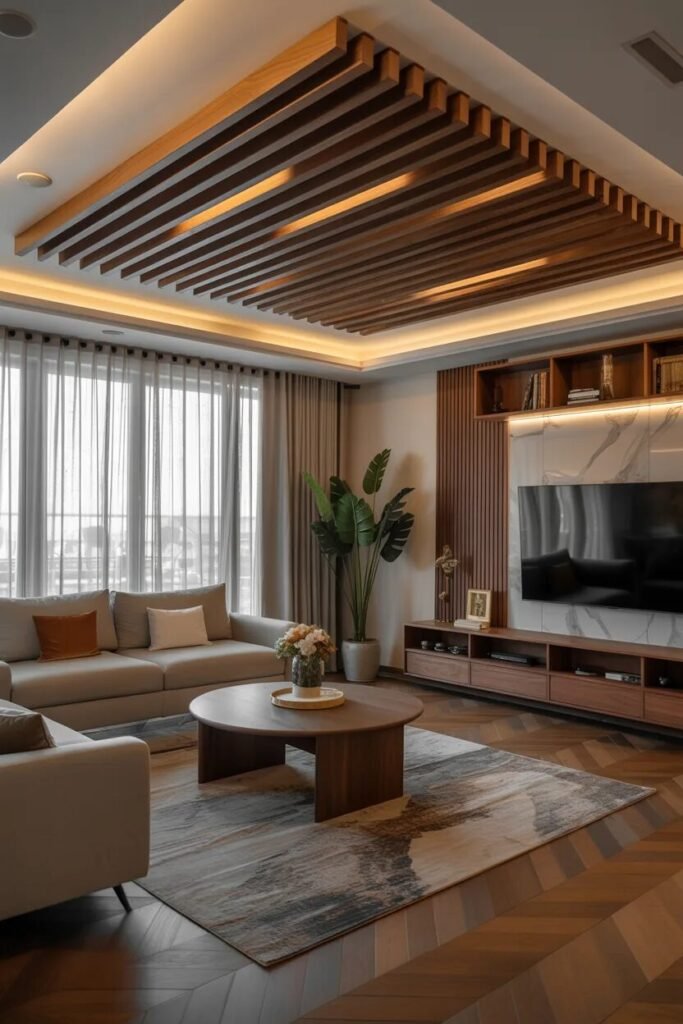 luxury POP ceiling design ideas 9 Wooden luxury POP ceiling design