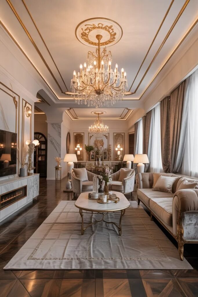 luxury POP ceiling design ideas 14 Gold trim POP ceiling luxury