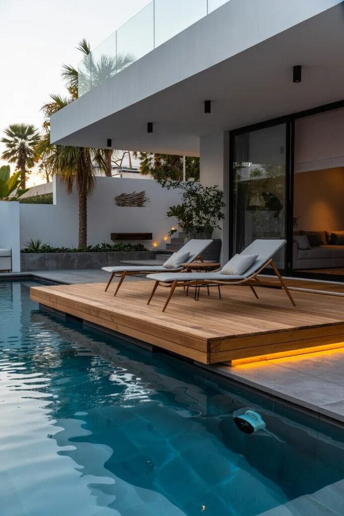 floating wooden pool deck ideas
