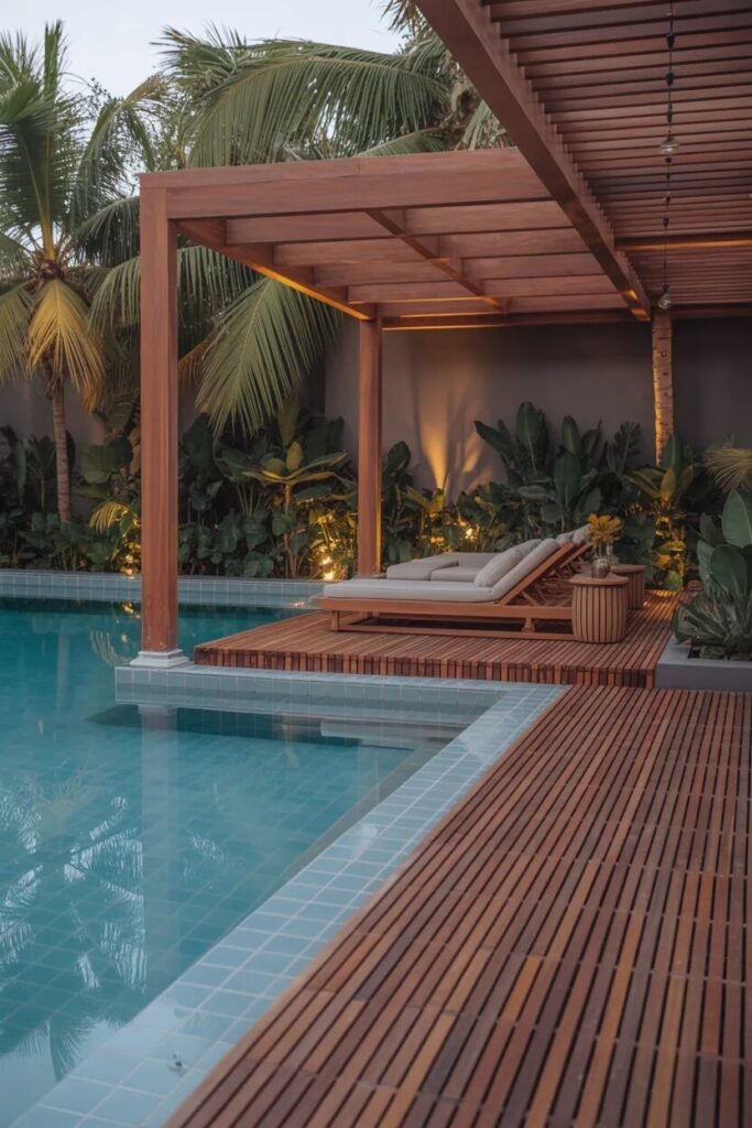 wooden slat pool deck ideas