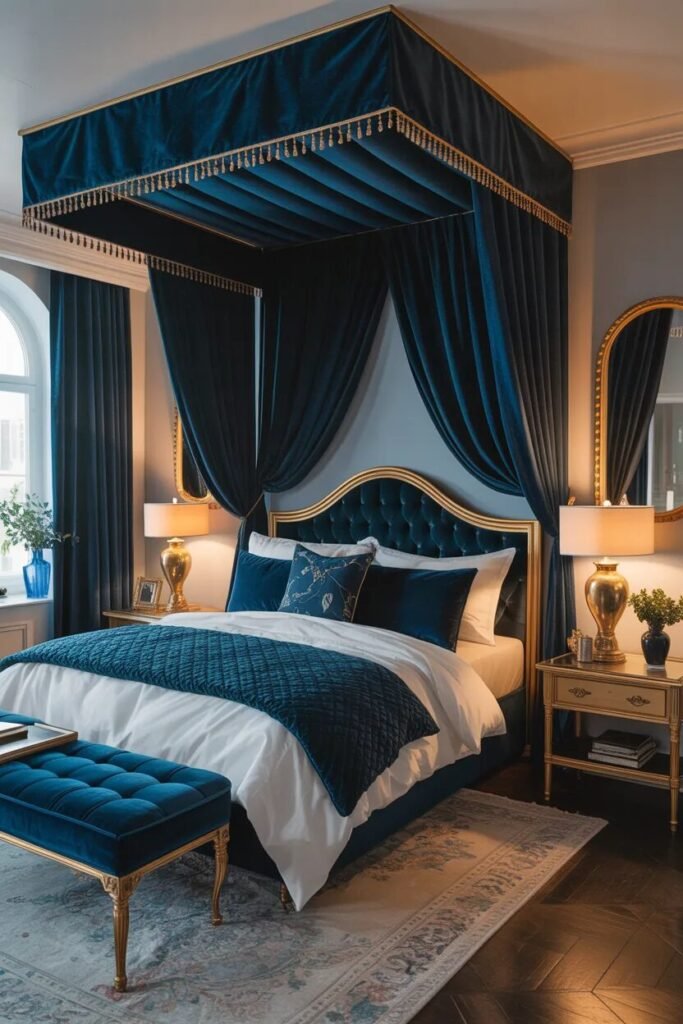 navy bedroom curtain design ideas