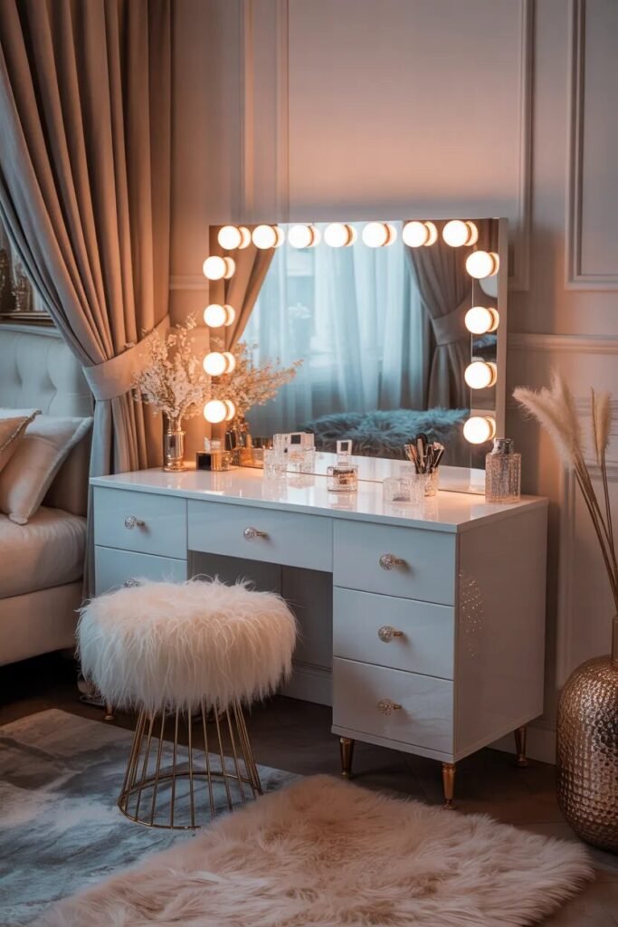 luxury white vanity Hollywood mirror