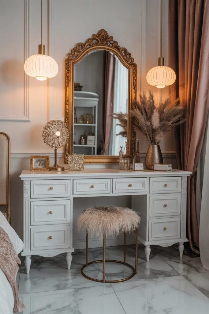 luxury white vanity gold accents