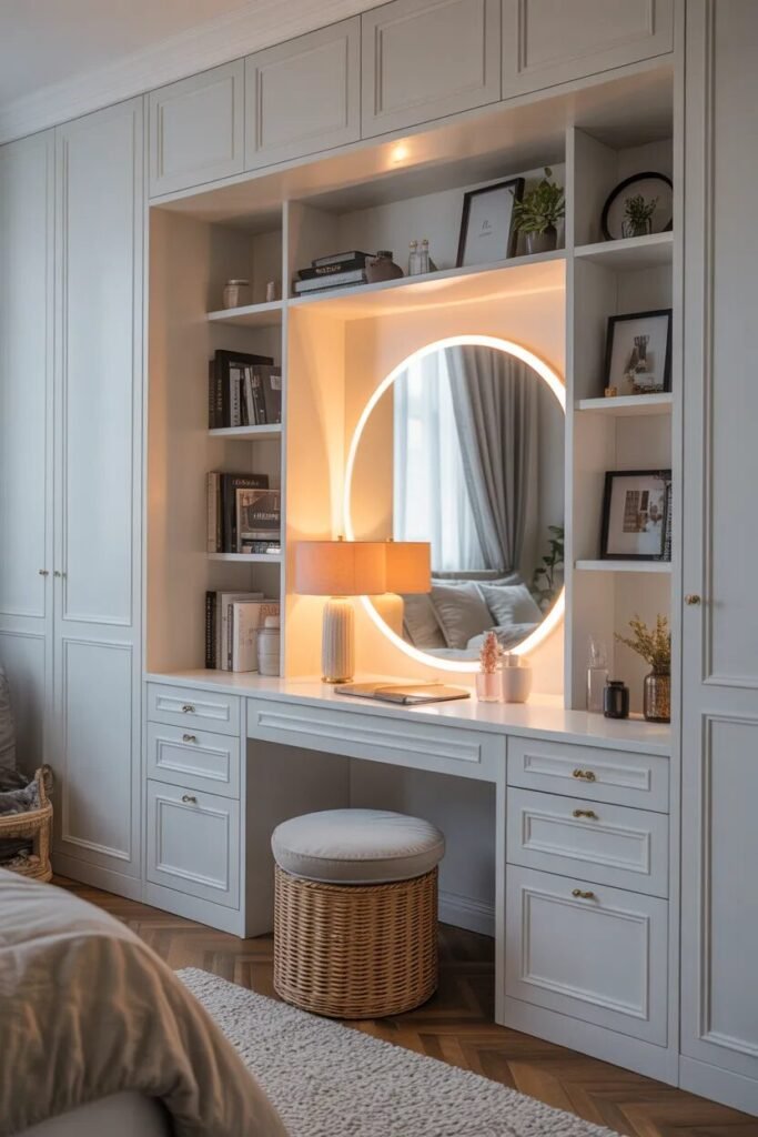 luxury white vanity built-in corner