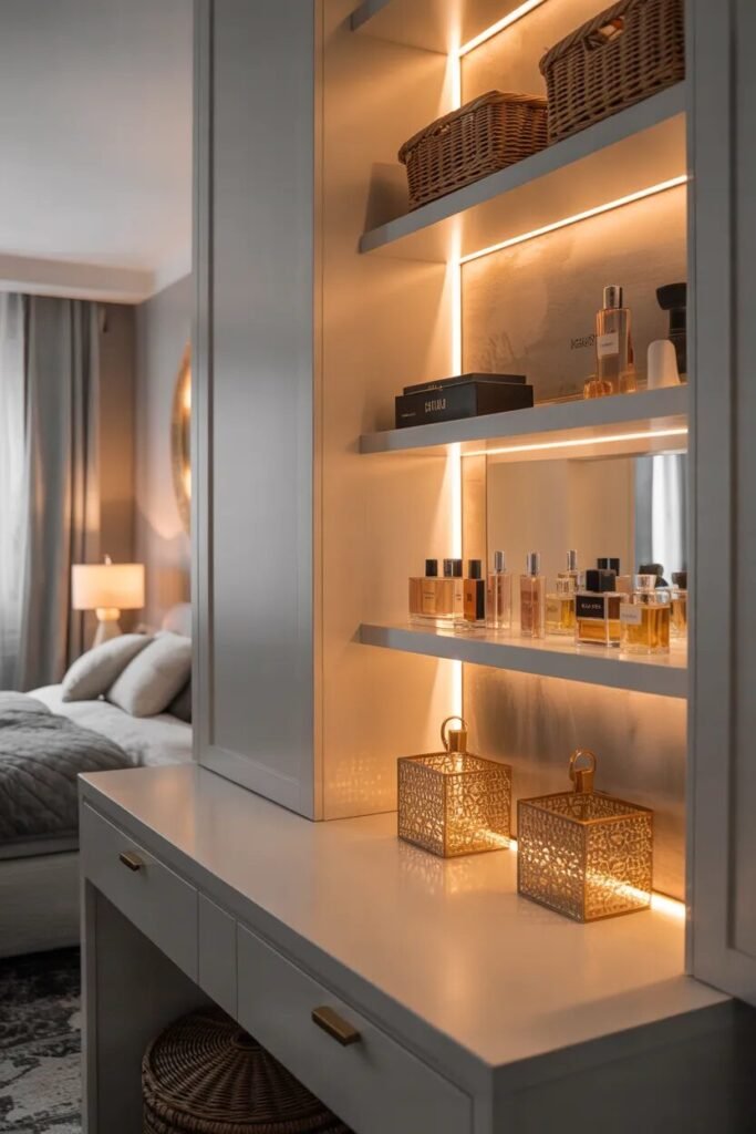 luxury white vanity open shelving