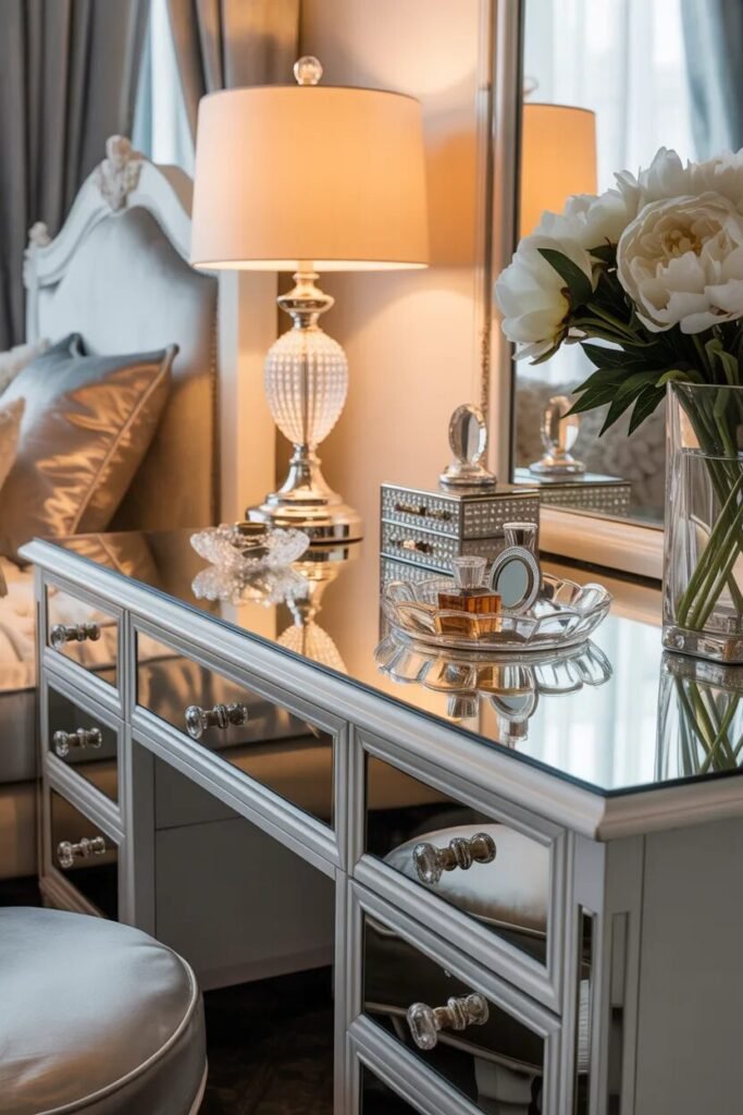 luxury white vanity mirrored drawers