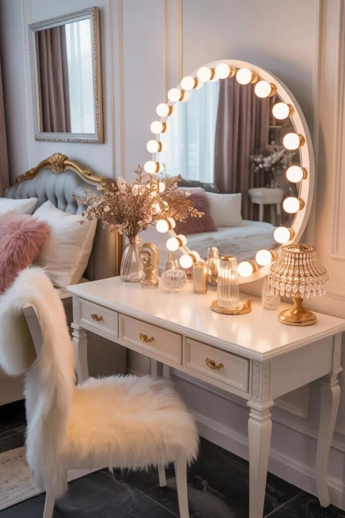 luxury white vanity fur accents