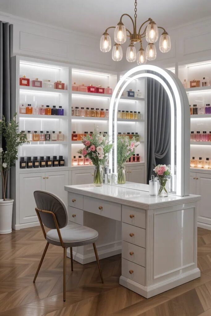 luxury white vanity boutique setup