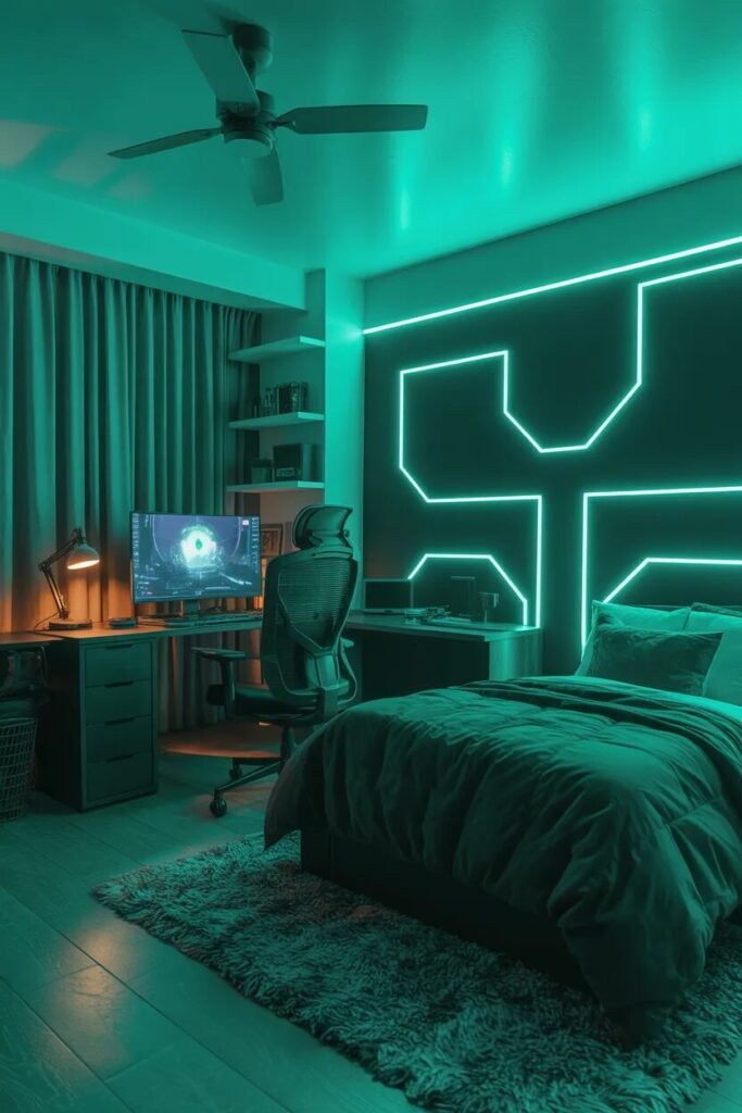 neon green dorm room setup