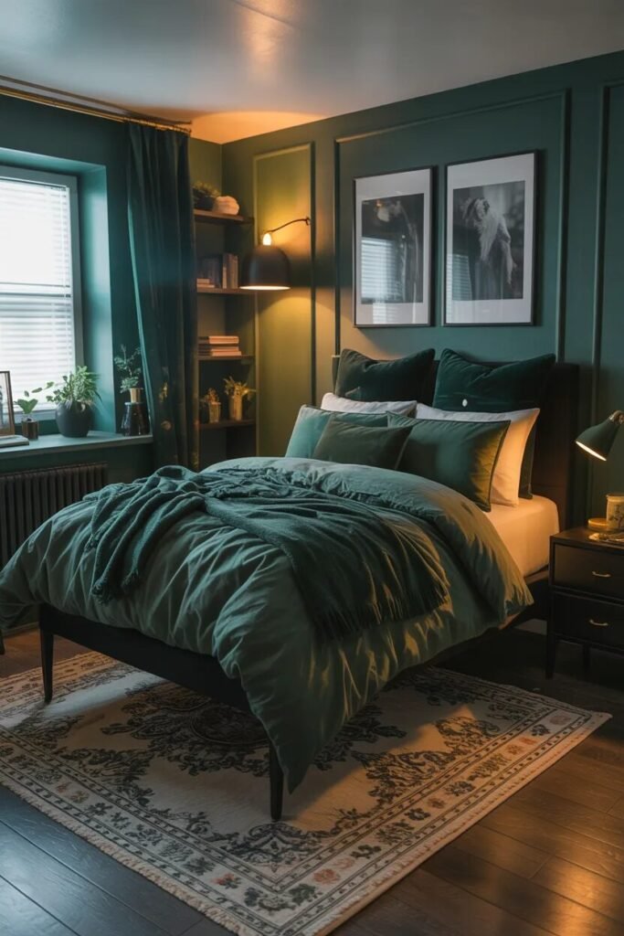 dark green dorm room aesthetic