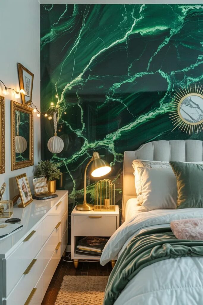 green marble dorm room decor