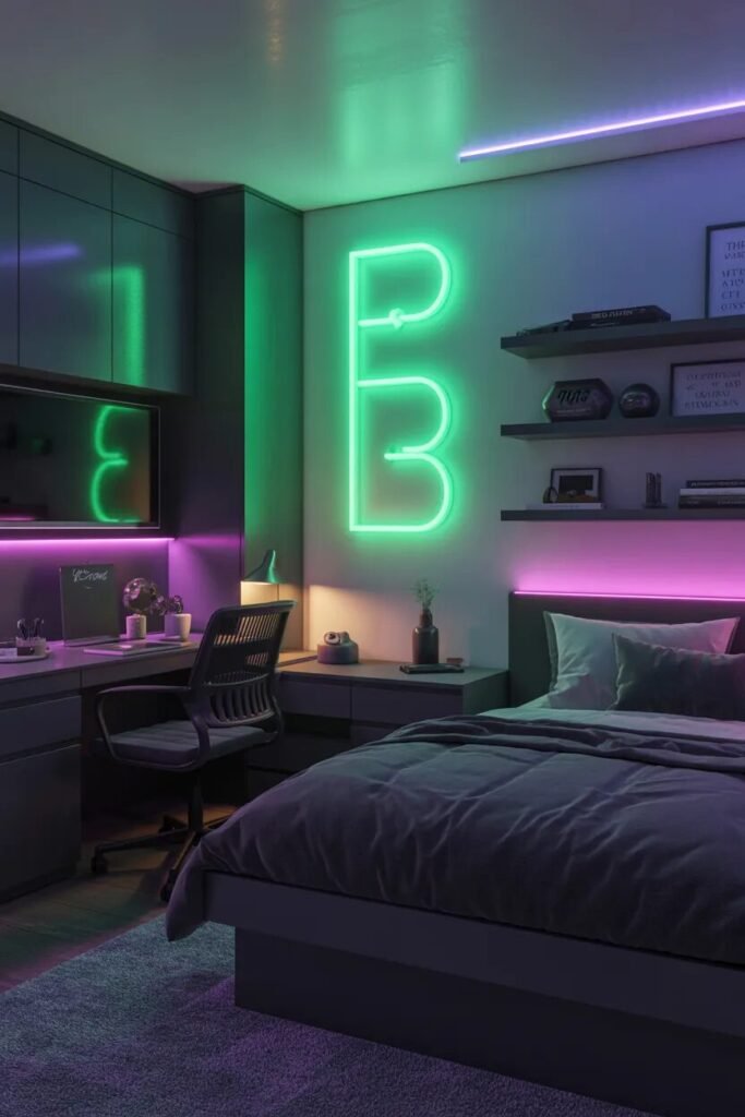 green neon dorm room wall