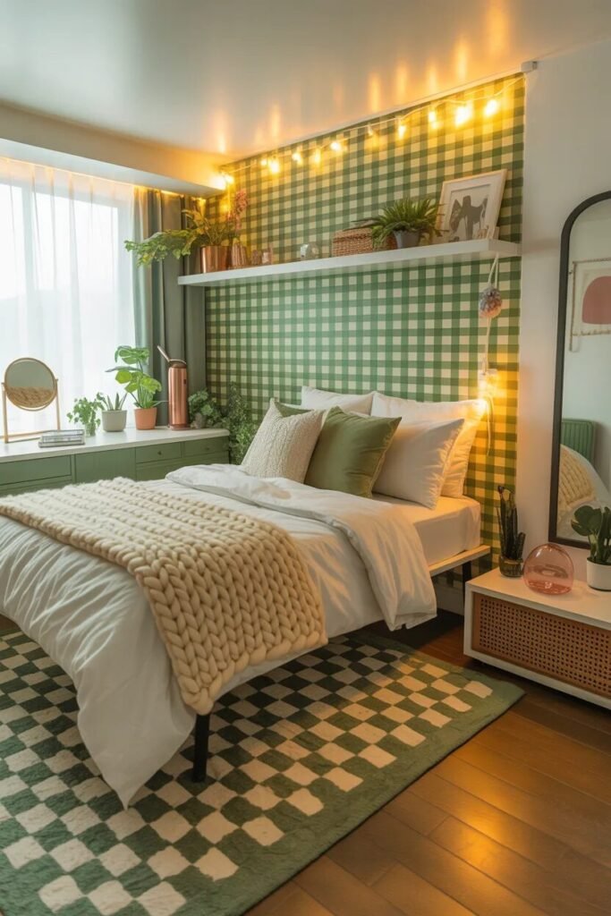 green checkerboard dorm room