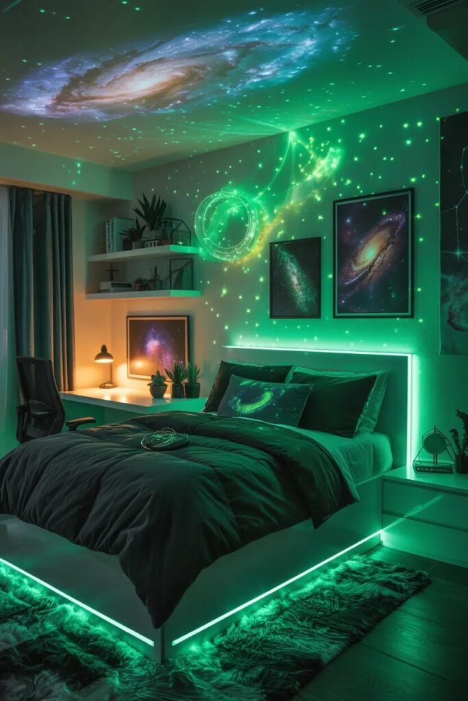 green galaxy dorm room theme