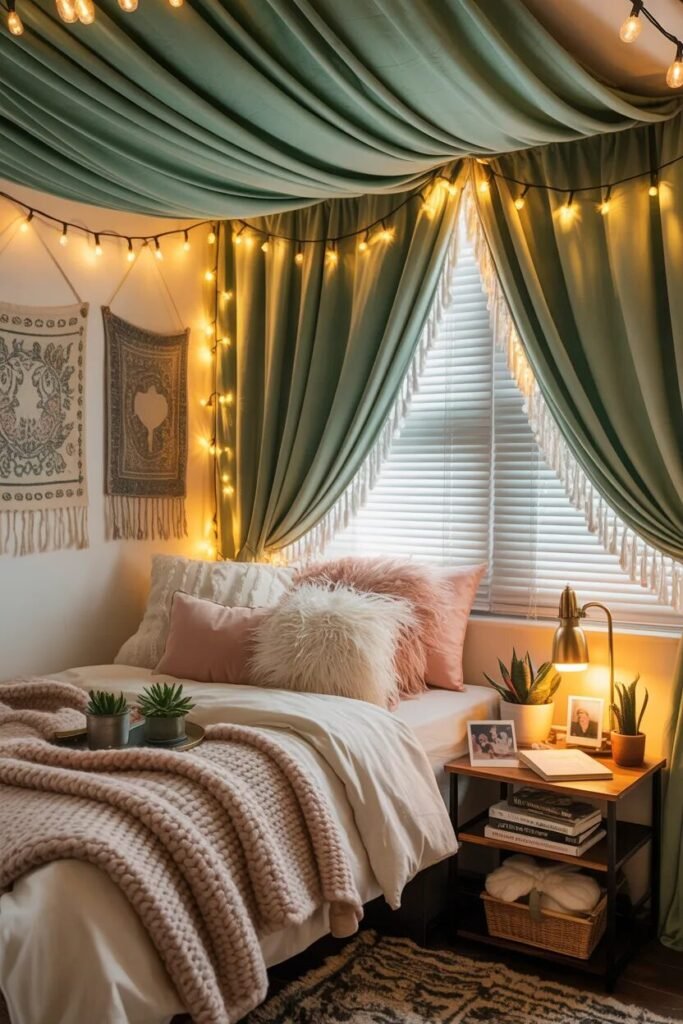 green dorm room ceiling drapes