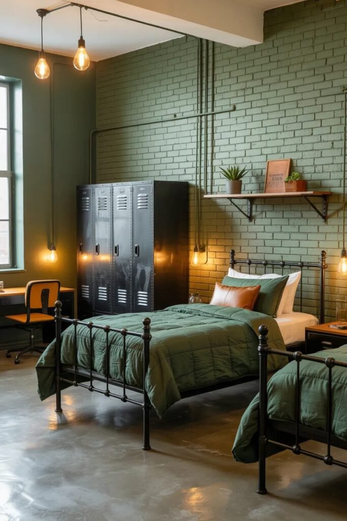 green industrial dorm room style