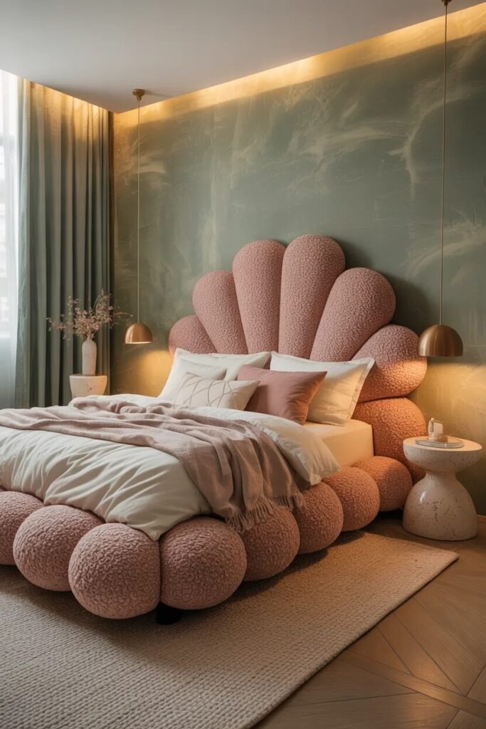bouclé sage green pink bedroom