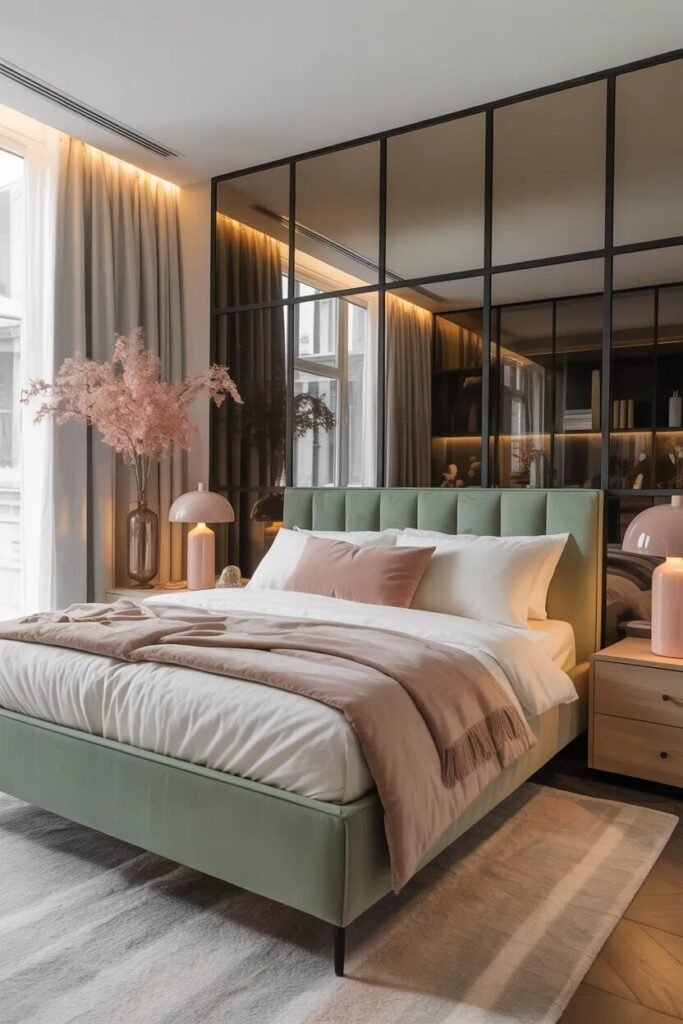 glass sage green luxury bedroom