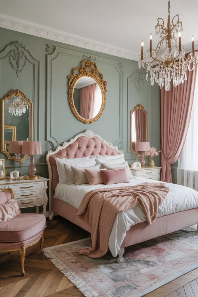 Parisian sage green luxury bedroom