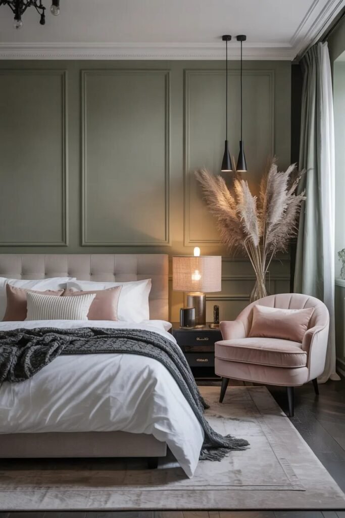monochrome sage green luxury bedroom