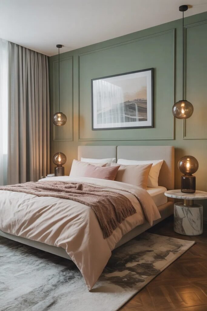 sage green hotel suite bedroom