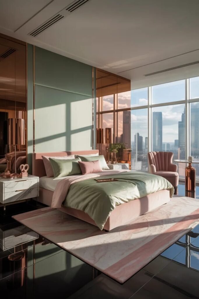 penthouse sage green luxury bedroom