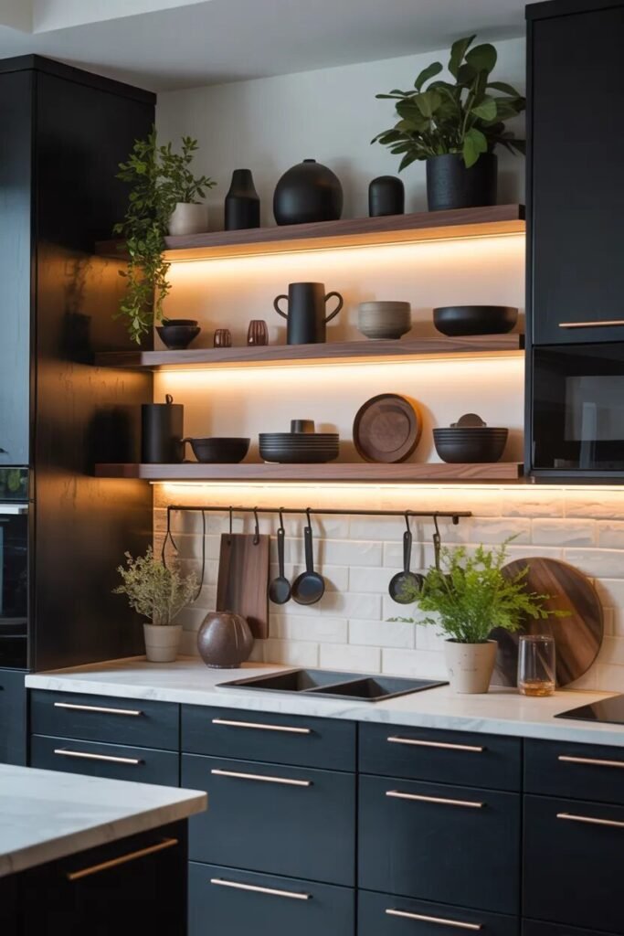 Open shelf black kitchen cabinets ideas