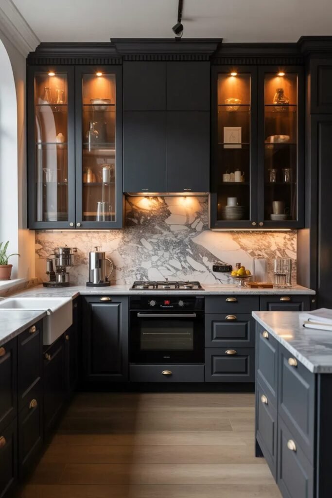 Glass black kitchen cabinets ideas